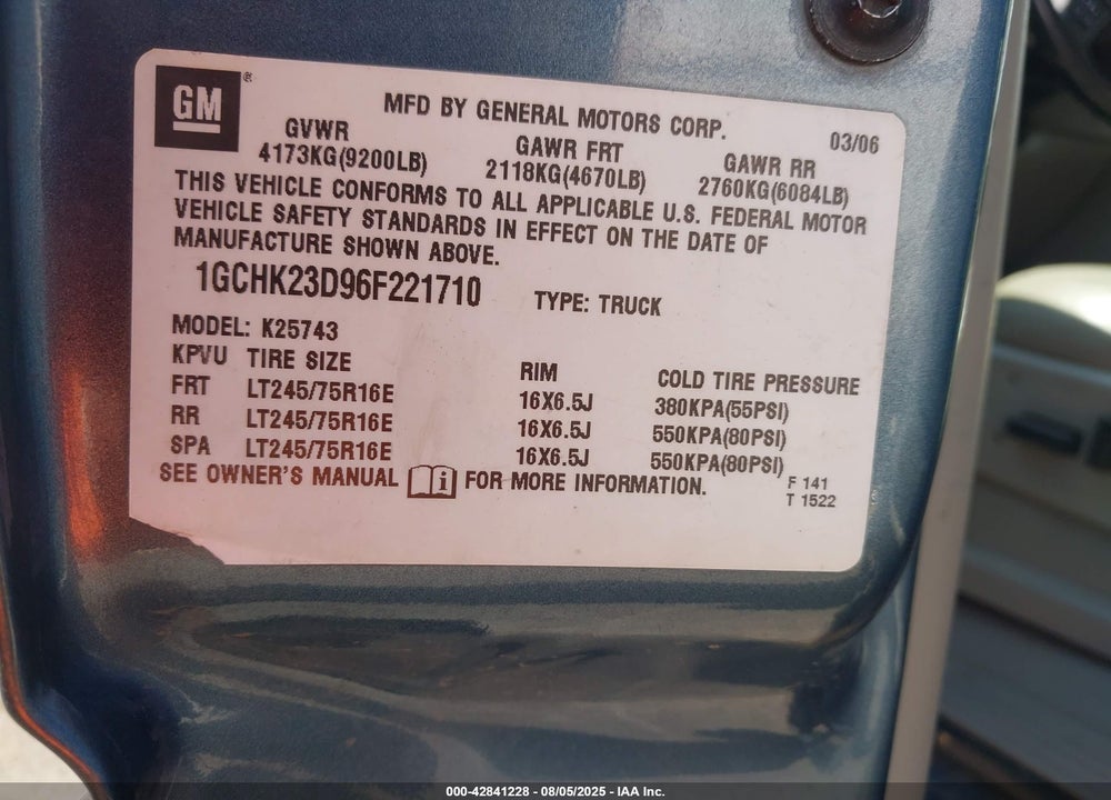 2006 CHEVROLET SILVERADO 2500HD LT3 VIN: 1GCHK23D96F221710