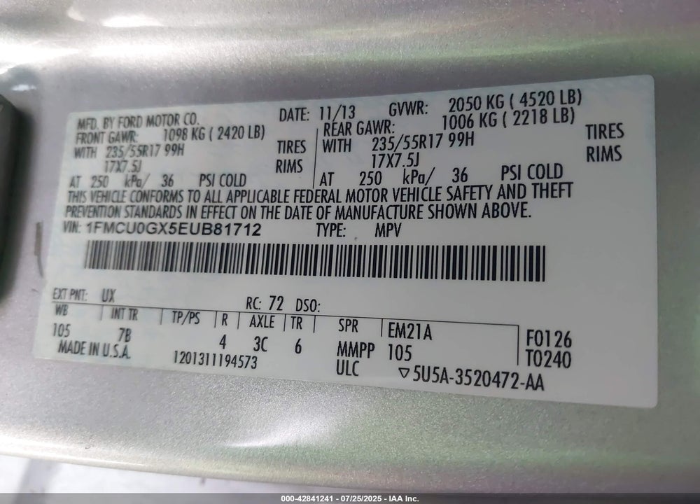 2014 FORD ESCAPE VIN: 1FMCU0GX5EUB81712