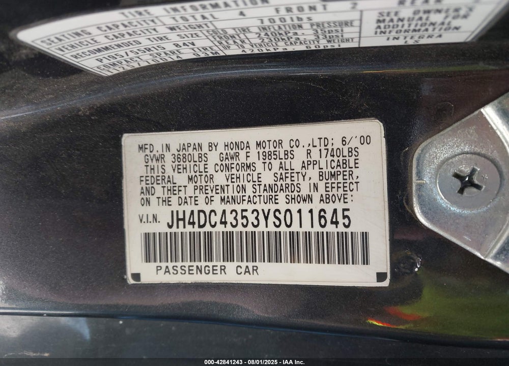2000 ACURA INTEGRA LS VIN: JH4DC4353YS011645