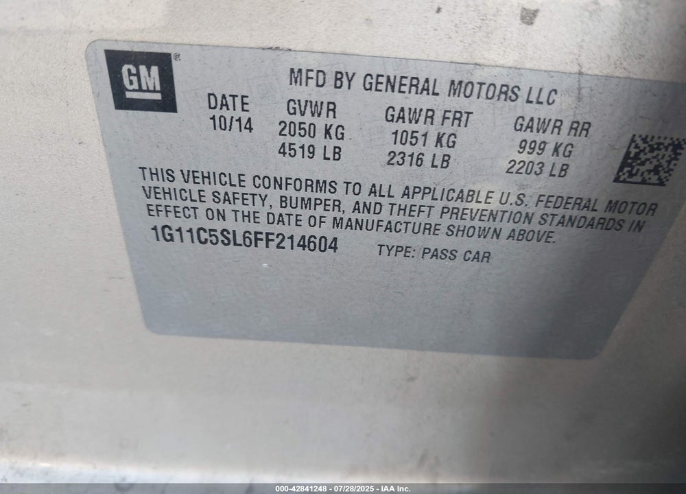 2015 CHEVROLET MALIBU VIN: 1G11C5SL6FF214604