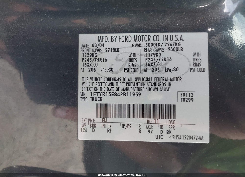 2004 FORD RANGER VIN: 1FTYR15E84PB11959