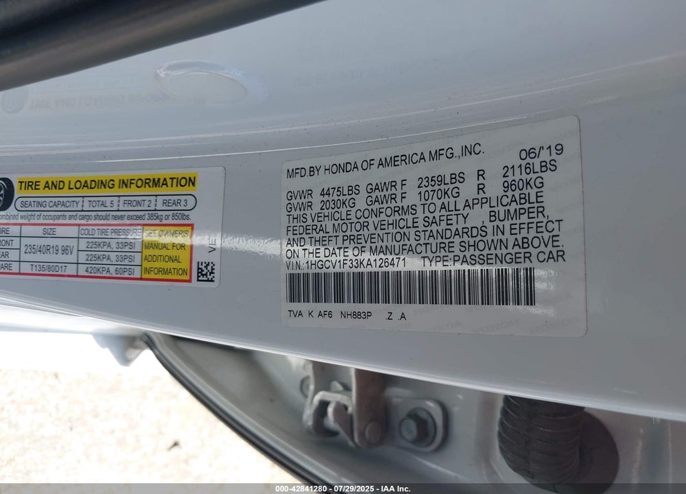 2019 HONDA ACCORD VIN: 1HGCV1F33KA126471