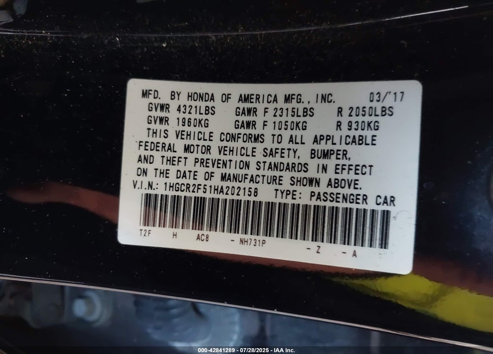 2017 HONDA ACCORD VIN: 1HGCR2F51HA202158