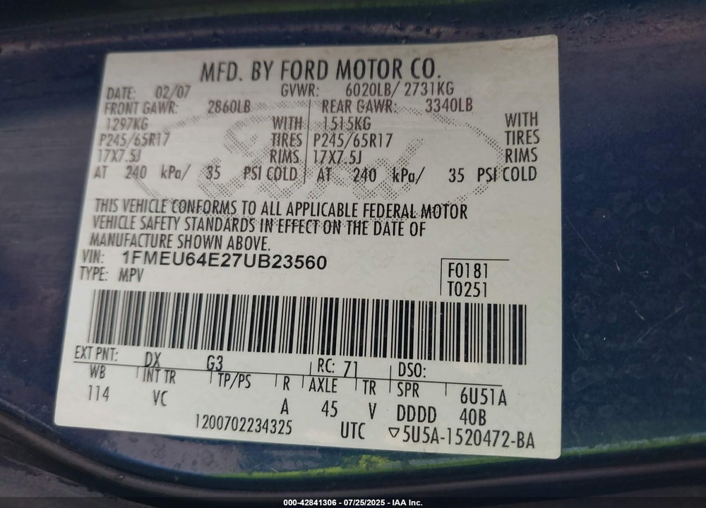 2007 FORD EXPLORER VIN: 1FMEU64E27UB23560