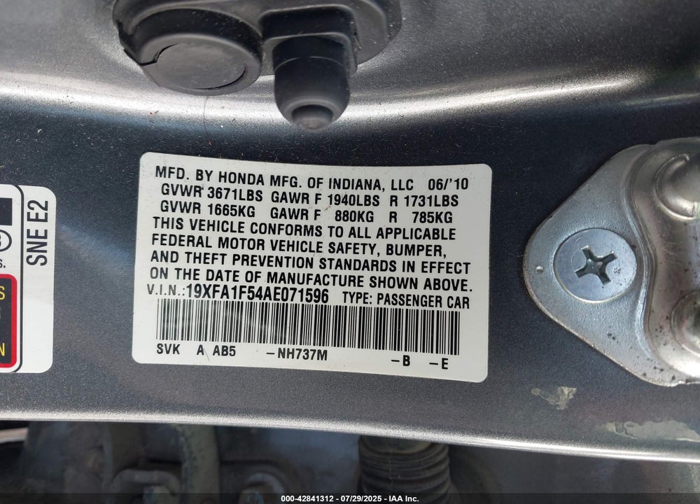 2010 HONDA CIVIC VIN: 19XFA1F54AE071596