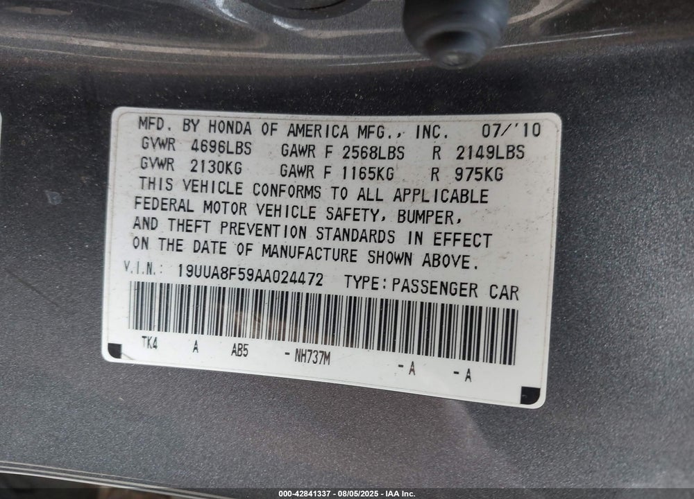 2010 ACURA TL VIN: 19UUA8F59AA024472