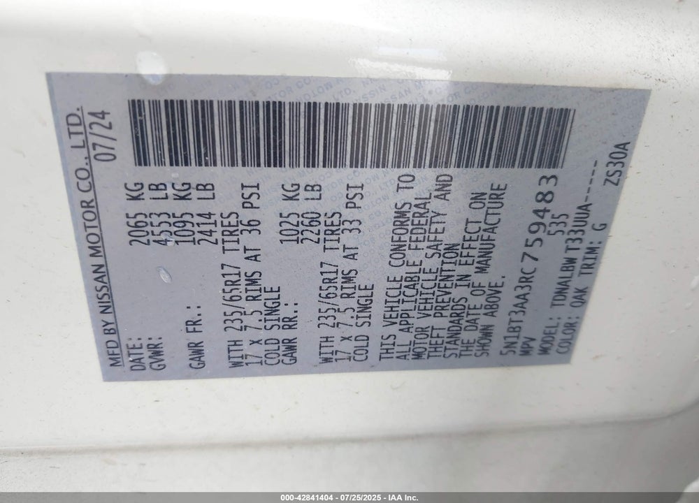 2024 NISSAN ROGUE VIN: 5N1BT3AA3RC759483