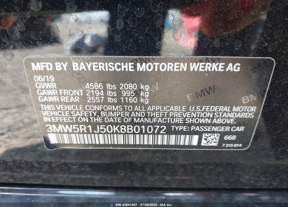 2019 BMW 330I VIN: 3MW5R1J50K8B01072