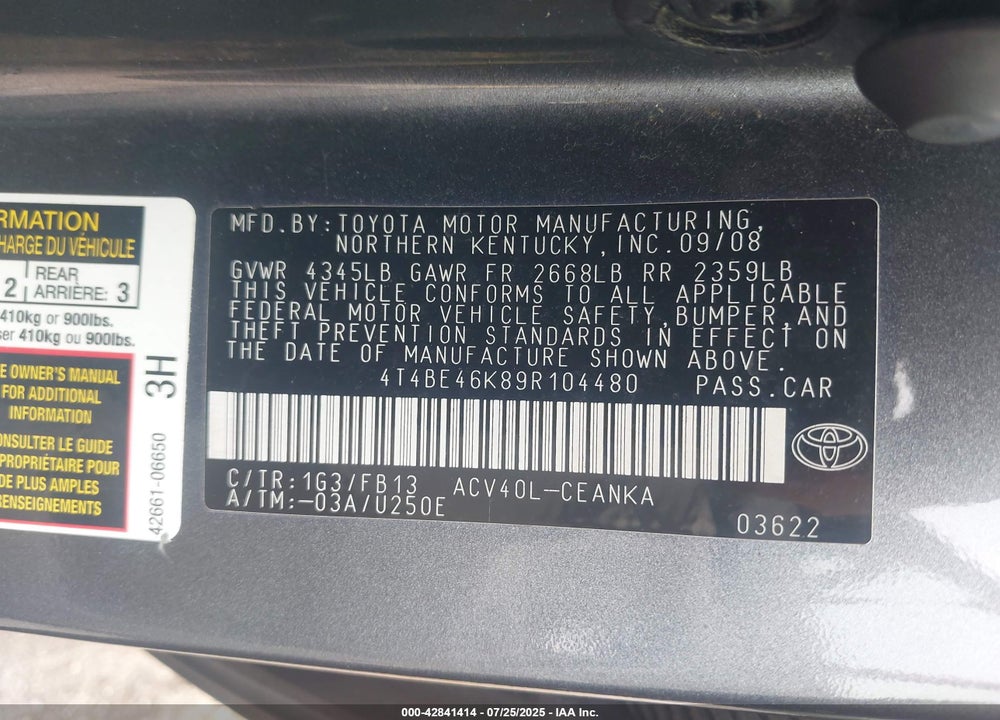 2009 TOYOTA CAMRY VIN: 4T4BE46K89R104480