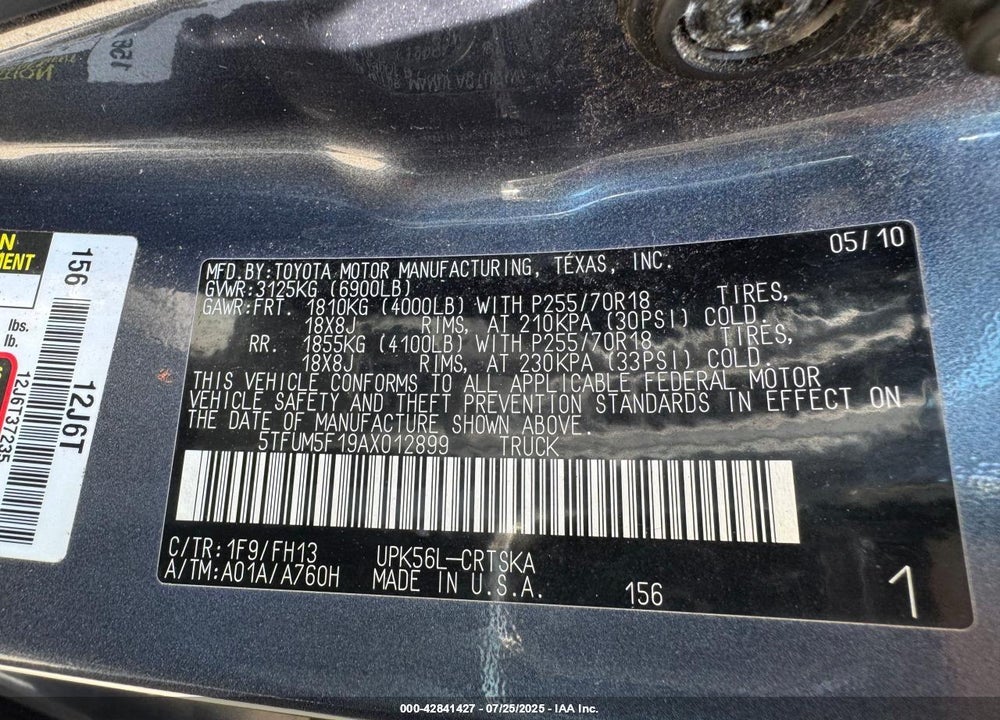 2010 TOYOTA TUNDRA VIN: 5TFUM5F19AX012899