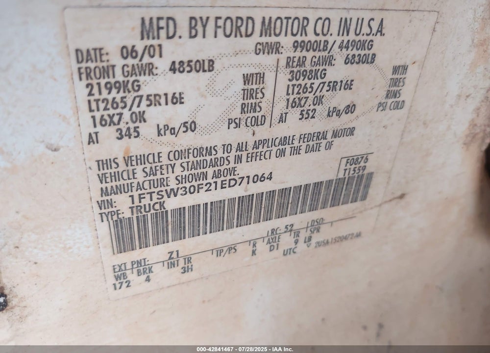 2001 FORD F-350 LARIAT/XL/XLT VIN: 1FTSW30F21ED71064