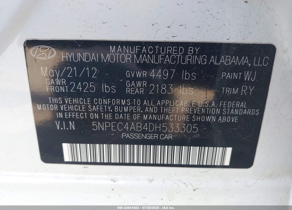 2013 HYUNDAI SONATA VIN: 5NPEC4AB4DH533305
