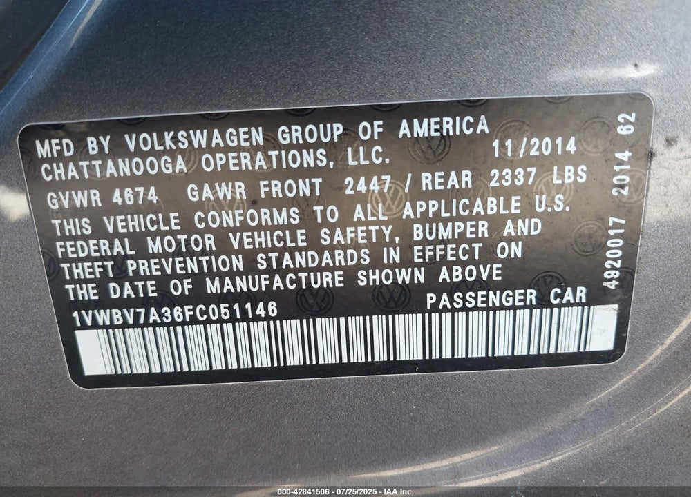 2015 VOLKSWAGEN PASSAT 2.0L TDI SE VIN: 1VWBV7A36FC051146