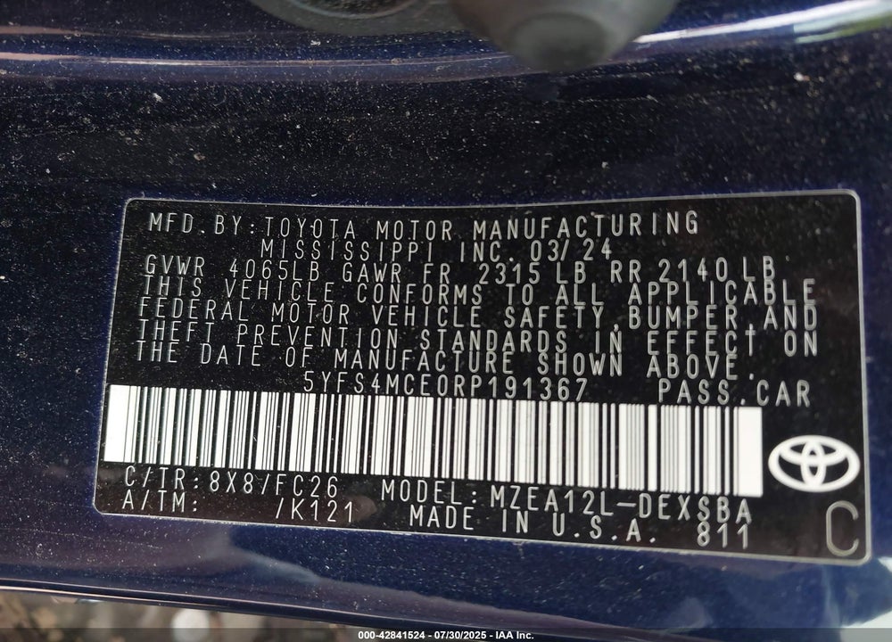 2024 TOYOTA COROLLA VIN: 5YFS4MCE0RP191367