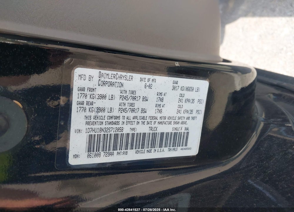 2002 DODGE RAM 1500 VIN: 1D7HU18N32S712058