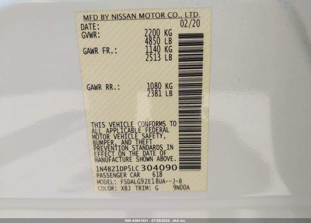 2020 NISSAN LEAF VIN: 1N4BZ1DP5LC304090