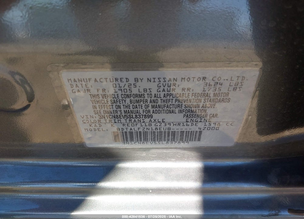 2025 NISSAN VERSA VIN: 3N1CN8EV5SL837899