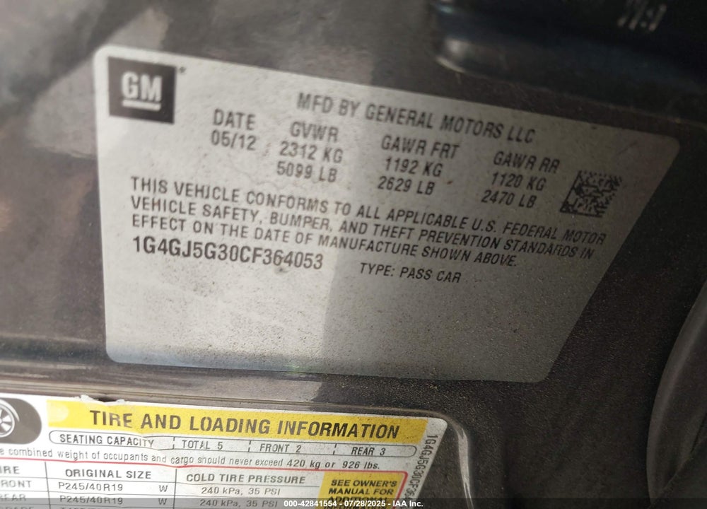 2012 BUICK LACROSSE TOURING GROUP VIN: 1G4GJ5G30CF364053
