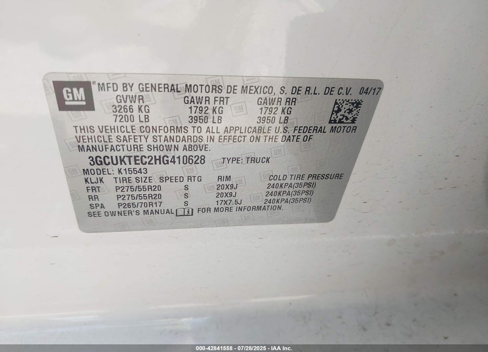 2017 CHEVROLET SILVERADO 1500 VIN: 3GCUKTEC2HG410628