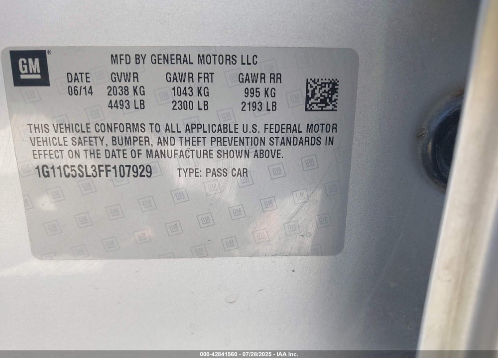 2015 CHEVROLET MALIBU VIN: 1G11C5SL3FF107929
