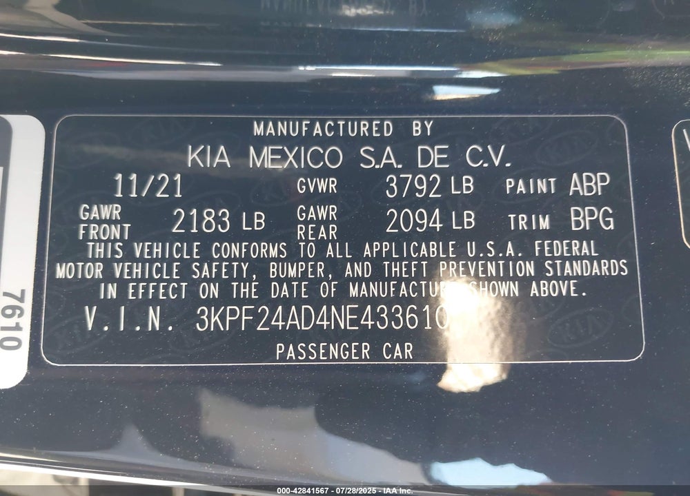 2022 KIA FORTE LXS VIN: 3KPF24AD4NE433610