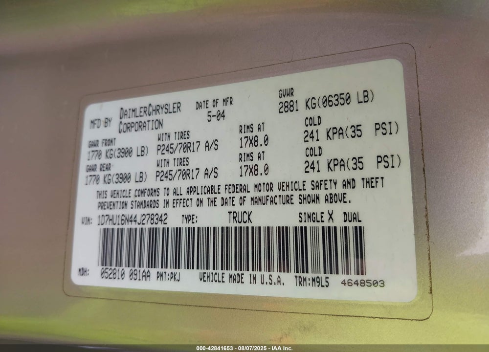 2004 DODGE RAM 1500 SLT/LARAMIE VIN: 1D7HU16N44J278342