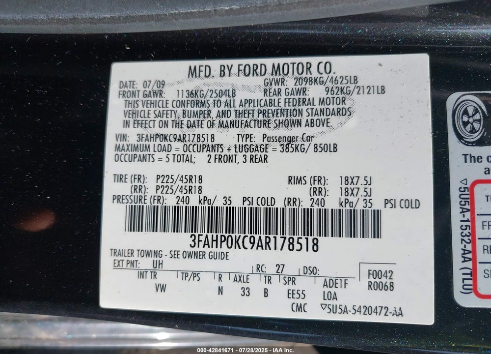 2010 FORD FUSION VIN: 3FAHP0KC9AR178518