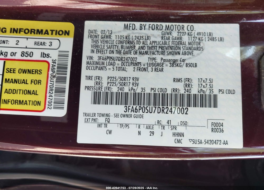 2013 FORD FUSION VIN: 3FA6P0SU7DR247002