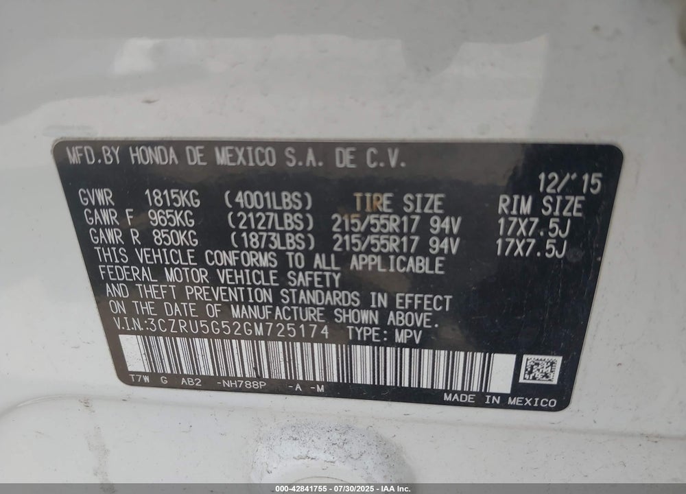 2016 HONDA HR-V EX VIN: 3CZRU5G52GM725174