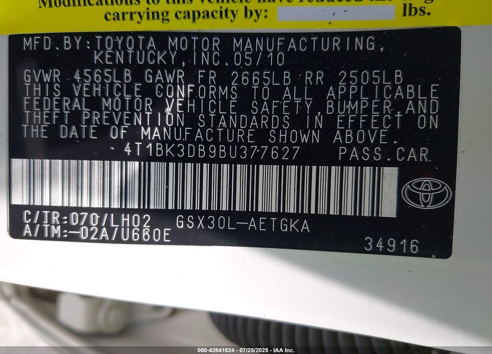 2011 TOYOTA AVALON VIN: 4T1BK3DB9BU377627