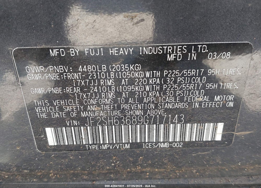 2009 SUBARU FORESTER VIN: JF2SH63689G717143