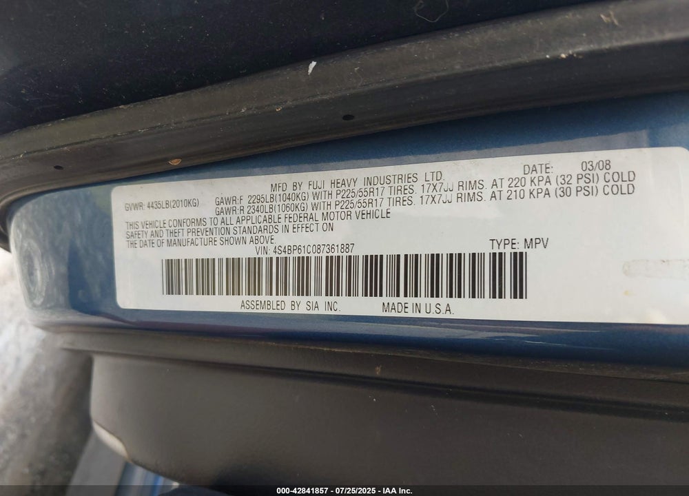 2008 SUBARU OUTBACK VIN: 4S4BP61C087361887