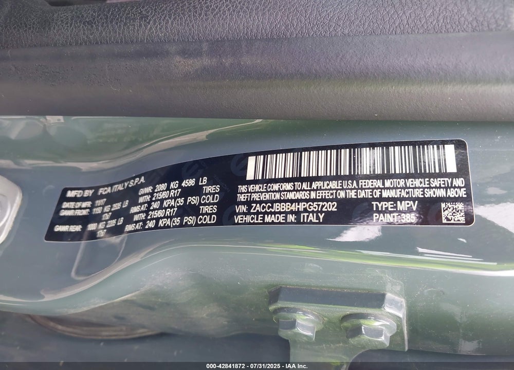 2017 JEEP RENEGADE VIN: ZACCJBBB4HPG57202