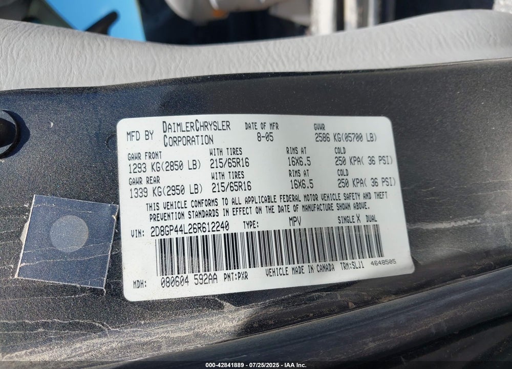 2006 DODGE GRAND CARAVAN VIN: 2D8GP44L26R612240