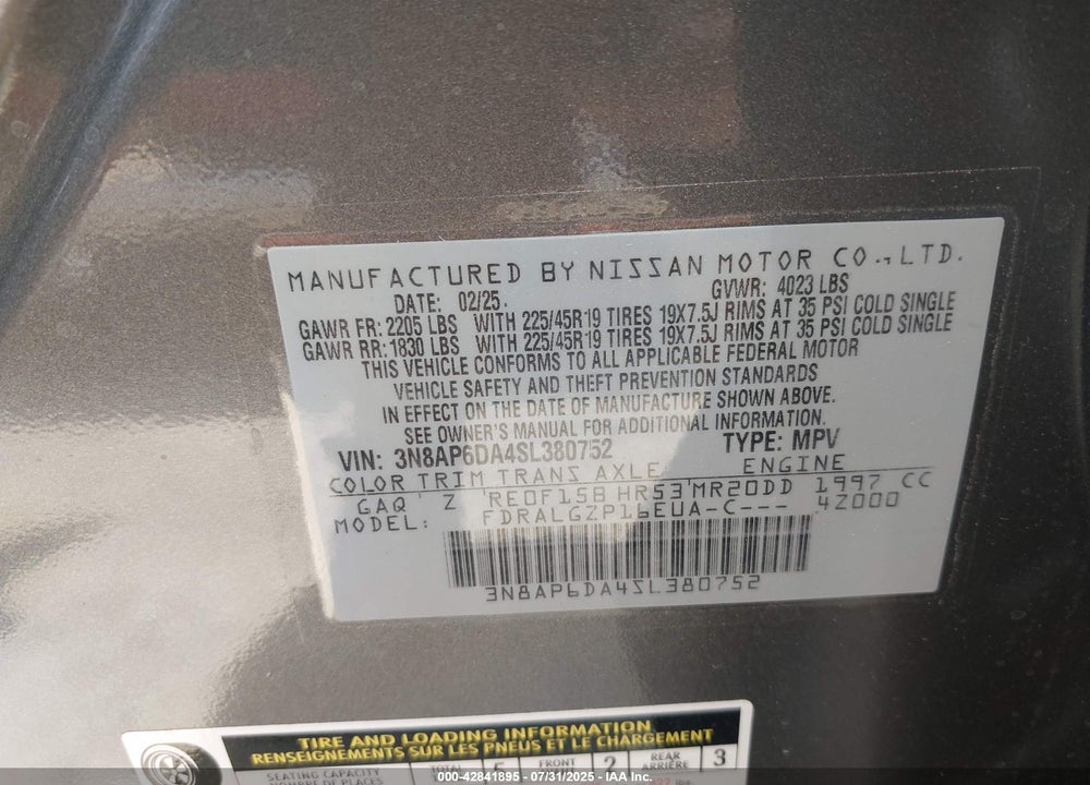 2025 NISSAN KICKS VIN: 3N8AP6DA4SL380752