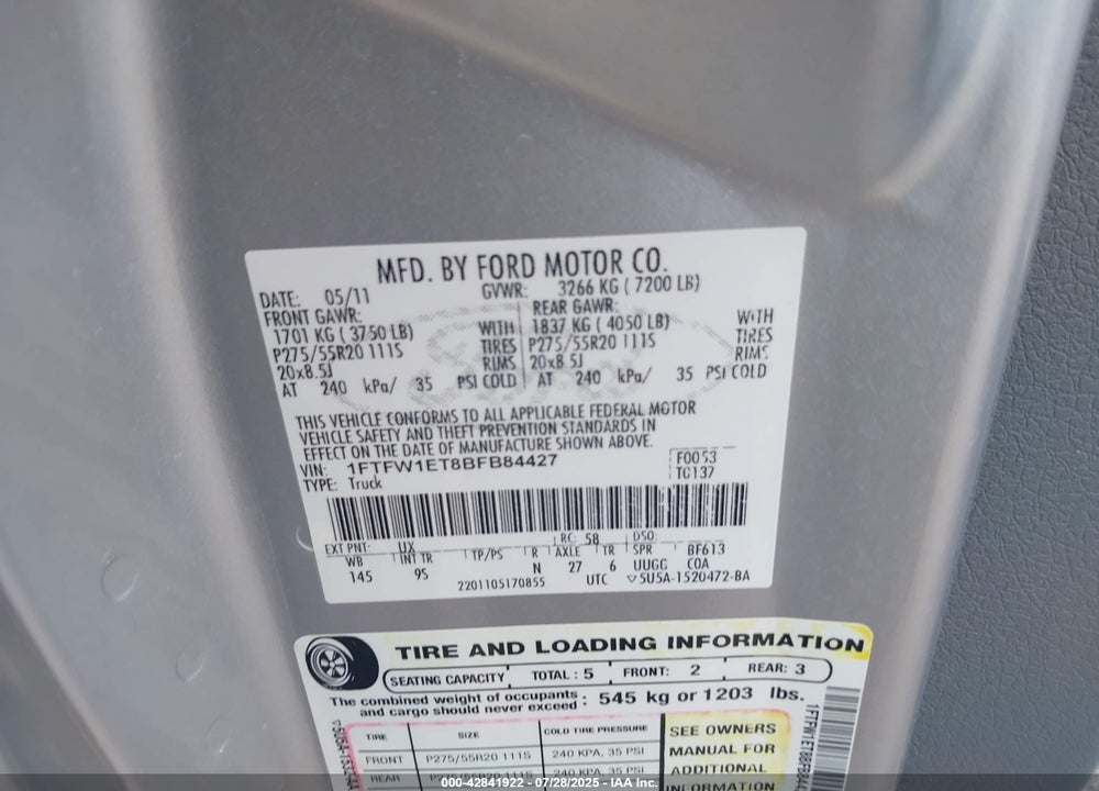 2011 FORD F-150 VIN: 1FTFW1ET8BFB84427