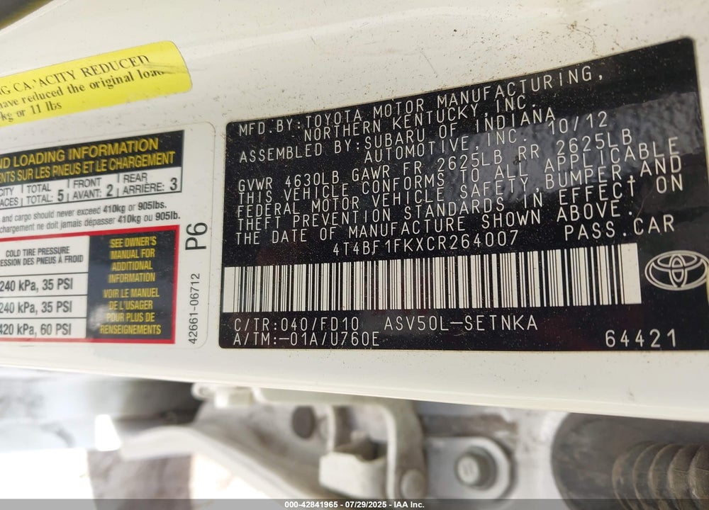 2012 TOYOTA CAMRY VIN: 4T4BF1FKXCR264007