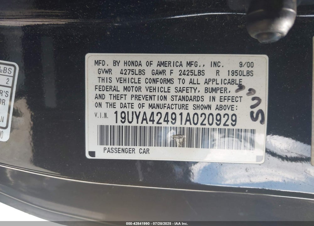 2001 ACURA CL VIN: 19UYA42491A020929