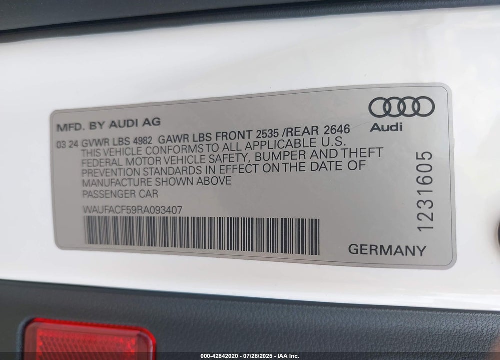2024 AUDI A5 SPORTBACK VIN: WAUFACF59RA093407