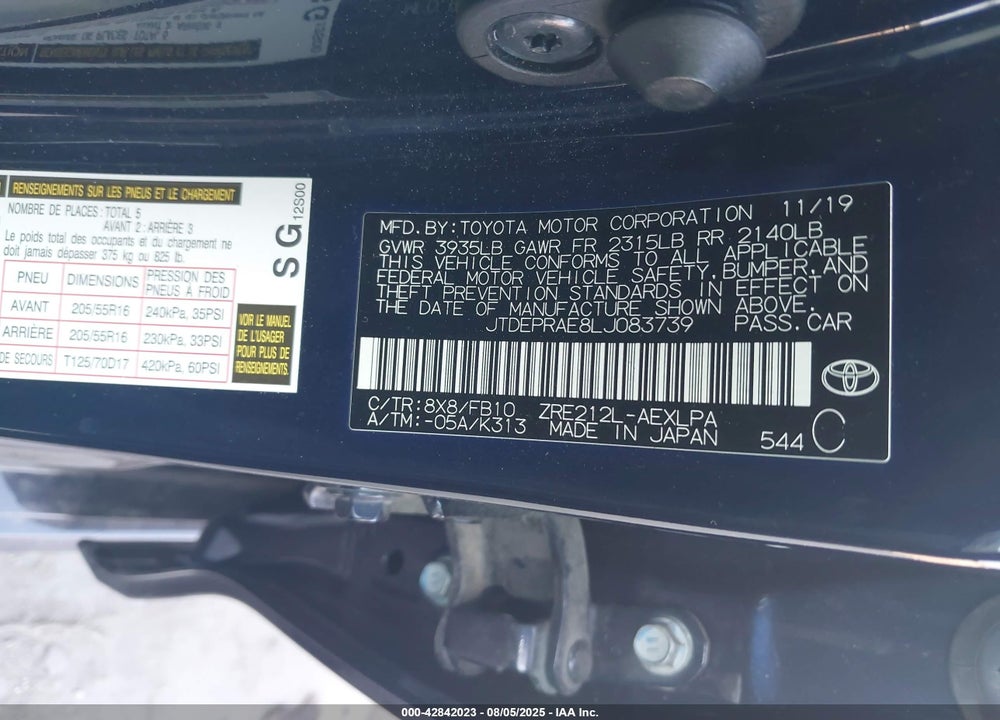 2020 TOYOTA COROLLA VIN: JTDEPRAE8LJ083739