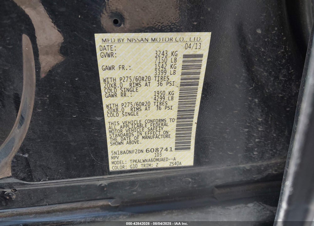 2013 NISSAN ARMADA VIN: 5N1BA0NF2DN608741