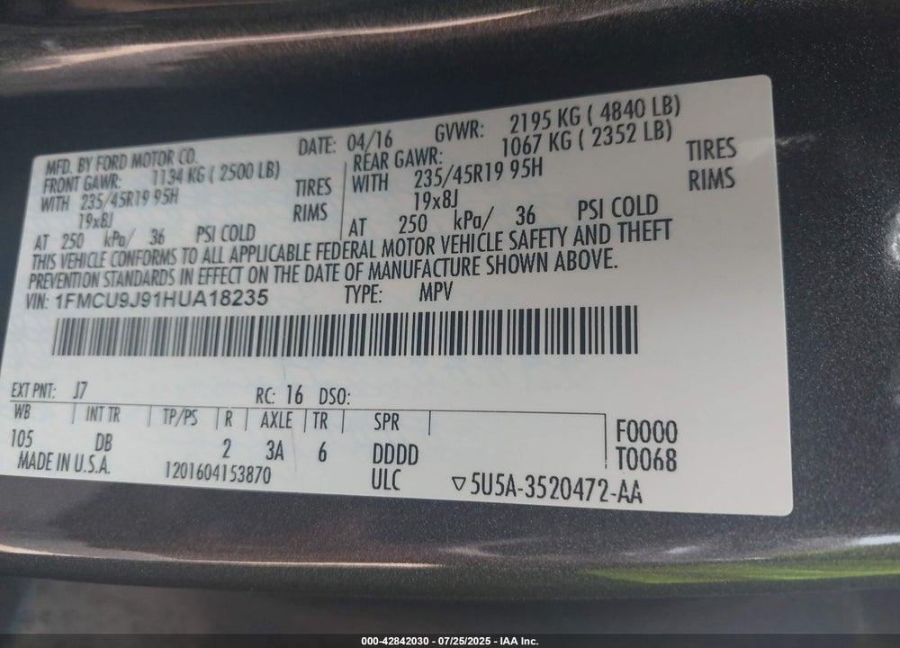 2017 FORD ESCAPE VIN: 1FMCU9J91HUA18235