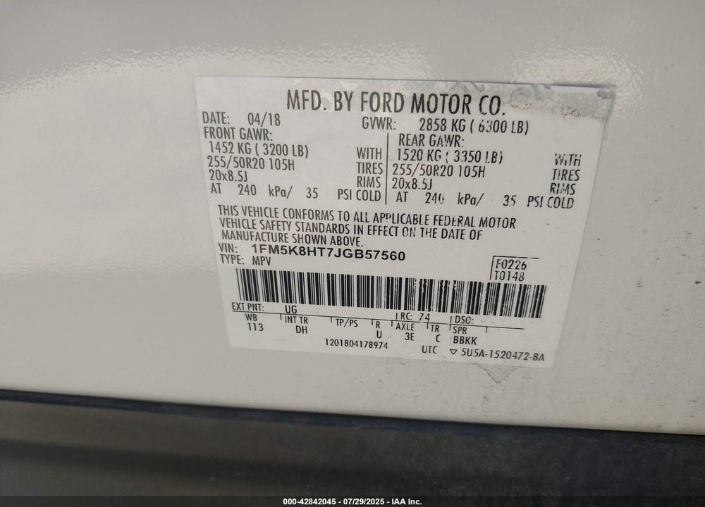 2018 FORD EXPLORER VIN: 1FM5K8HT7JGB57560