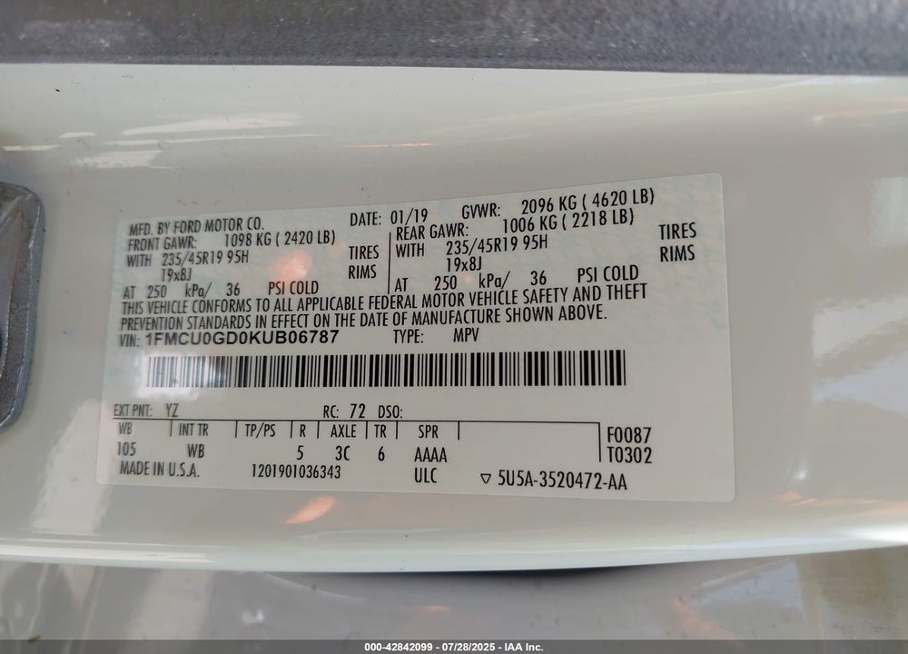 2019 FORD ESCAPE VIN: 1FMCU0GD0KUB06787
