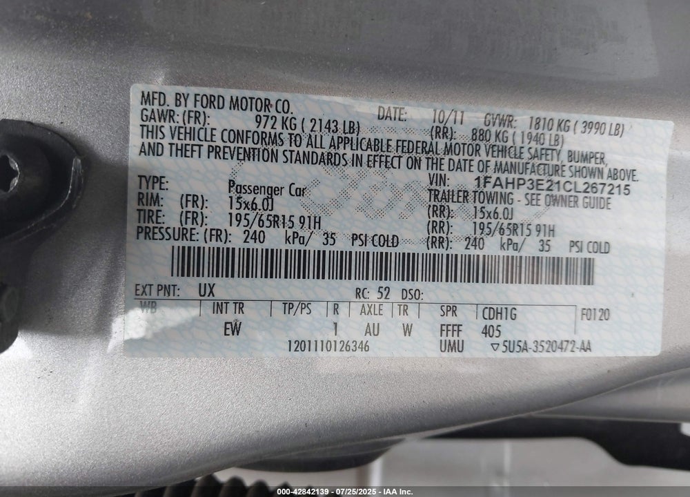 2012 FORD FOCUS VIN: 1FAHP3E21CL267215