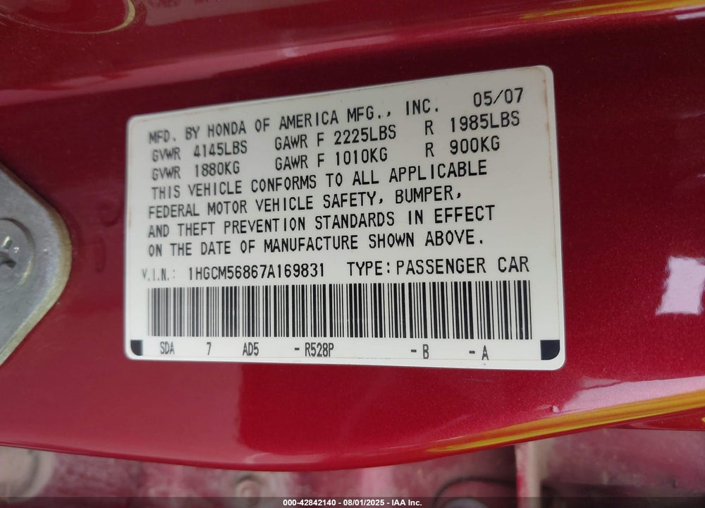 2007 HONDA ACCORD VIN: 1HGCM56867A169831