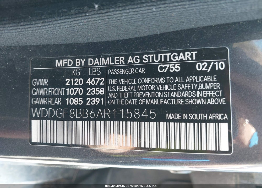 2010 MERCEDES-BENZ C CLASS VIN: WDDGF8BB6AR115845