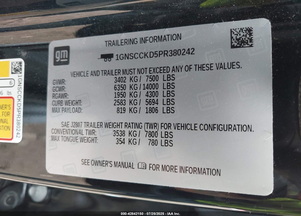 2023 CHEVROLET SUBURBAN VIN: 1GNSCCKD5PR380242