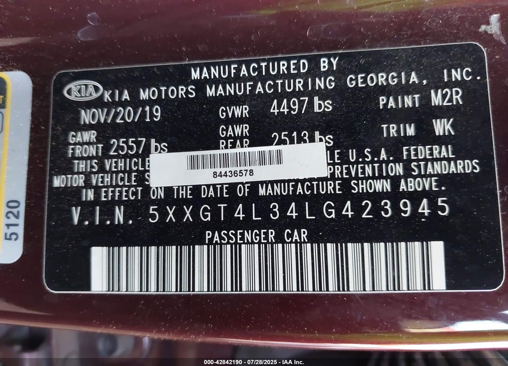 2020 KIA OPTIMA VIN: 5XXGT4L34LG423945