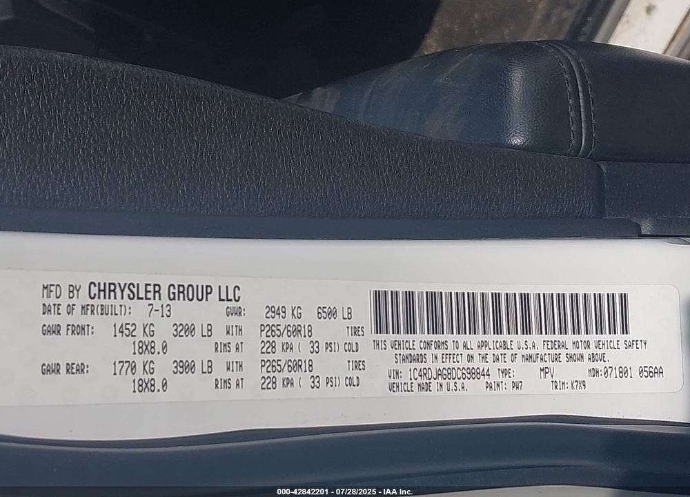 2013 DODGE DURANGO VIN: 1C4RDJAG8DC698844